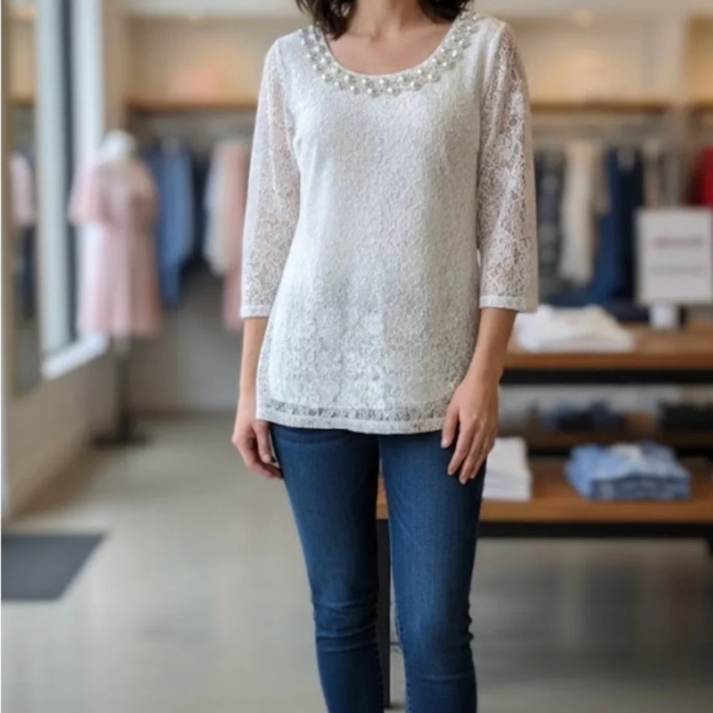 Pearl-Embellished White Lace Blouse for Women L - Picture 1 of 9